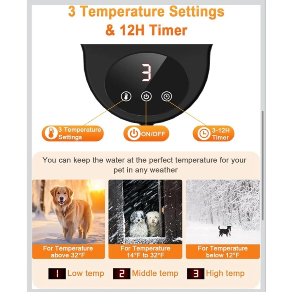 NEW Heated Water Bowl Dog & Cat, 3 Temp Settings 12H Timer Outdoor BPA 50 oz